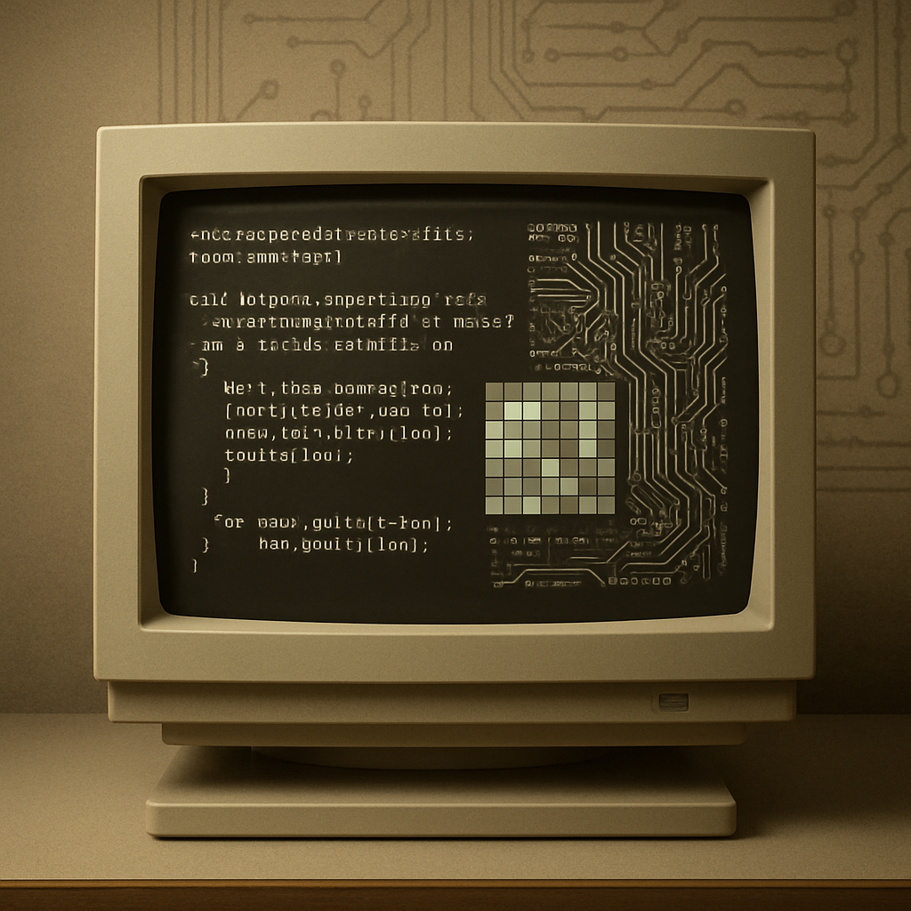 Retro computer screen with image processing code